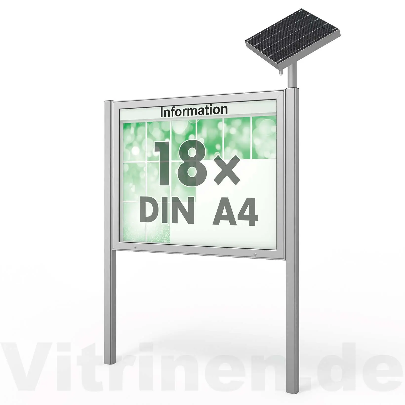 18 x DIN A4 Schaukasten Plenum eckig - der "Klassiker" mit Solar-Modul und Pfosten - Bautiefe 100mm